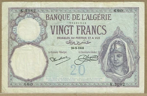 BANQUE de L'ALGÉRIE 24. 5. 1932 20 FRANCHI (SCEGLI #78b) VF - Foto 1 di 2