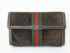 Gucci Vintage Clutch Second Bag Suede Sherry Brown leather Purse Authentic - Picture 1 of 22