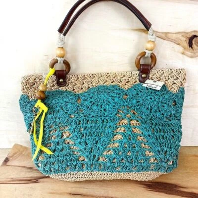 Bolso de Paja Hathaway Fossil Nuevo con Etiquetas Verde Azulado Oscuro y Tostado Bolso de Mercado Foto 1 de 4