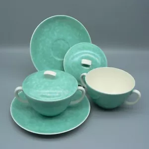 POOLE POTTERY PAIR SHAGREEN CONSOMMÉ CUPS COVERS STANDS 1930’S LIDDED SOUP BOWLS - Picture 1 of 22
