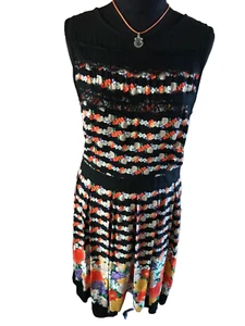 Red Herring Dress size12 sleeveless large pleats at skirt Black+Orange mix - Picture 1 of 9