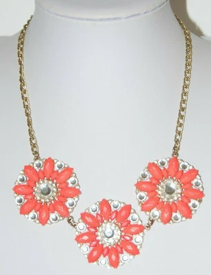 J. CREW BOLD LOOK ORANGE AND CLEAR STONES ON GOLDEN METAL STATEMENT BIB NECKLACE - Image 1 of 4