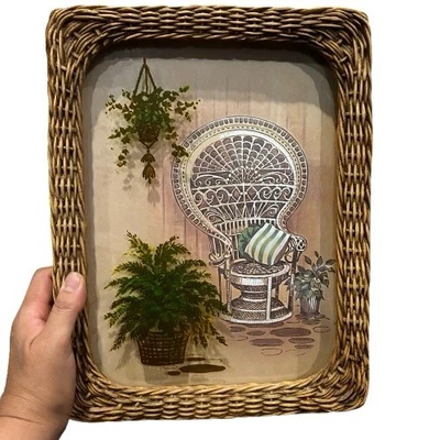 Vintage MCM 3D Peacock Chair Fern Print Rattan Frame 10x13 Boho Cottagecore 70s - Изображение 1 из 4
