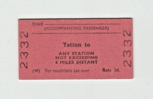 Billete de tren British Rail Yatton a cualquier estación acompañante pasajero 1965 - Imagen 1 de 2