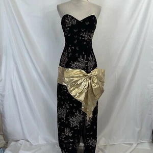 Alyce Designs Vintage Women's Floral Strapless Dress 10 Gold Bow - Picture 1 of 10