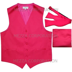 New Men's hot pink vest Tuxedo Waistcoat self tie bow tie and hankie set  - Picture 1 of 5