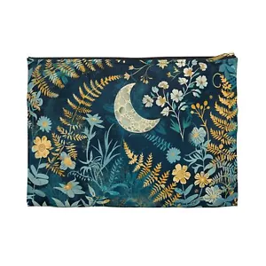 Blue Moon Greenery Floral Celestial Pouch, Makeup Bag, Pencil Case, Zipper Purse - Picture 1 of 5