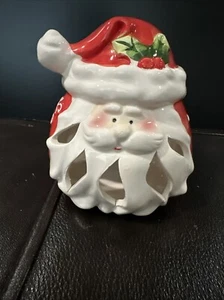 Red Santa Holly Tealight Holder Pottery Christmas Holiday - Picture 1 of 3