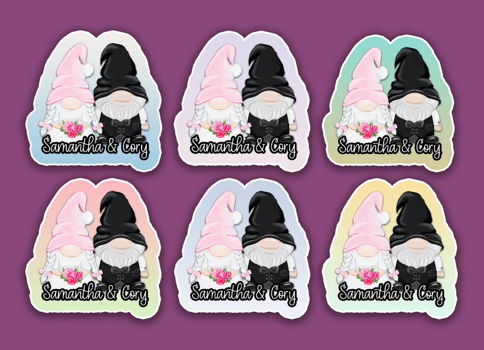 Personalized Wedding Name Stickers With Gnome Bride and Groom 3" Vinyl Stickers - Image 1 of 1
