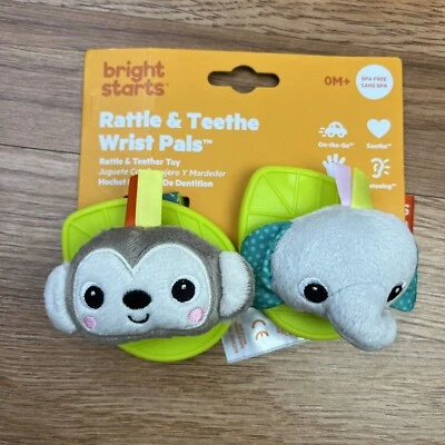Chocalhos/dentes de pulso Bright Starts 2 peças brinquedo vestível macaco elefante infantil NOVO - Imagem 1 de 4