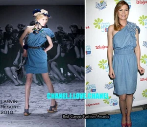 LANVIN LIGHTWEIGHT ONE-SHOULDER DENIM DRESS WITH LARGE FLOWER PIN BROOCH,40 - Picture 1 of 10