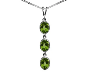 9ct Oro Blanco Natural Peridoto Triple Ovalado Cadena y Colgante Británico Hecho - Imagen 1 de 4