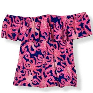 Lilly Pulitzer La Fortuna Top Size L Flounced Coastal Jersey Octopus Hot Pink - Picture 1 of 12