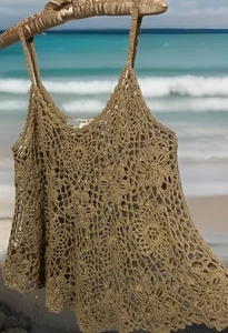 Say What Top L Beige Crochet Hippie Coachella Boho Festival FairyCore Babydoll - Picture 1 of 6
