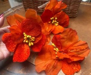 Terciopelo de seda vintage 5,5" flor años 50 hecho a mano 1 pieza Japón naranja sangre - Imagen 1 de 6