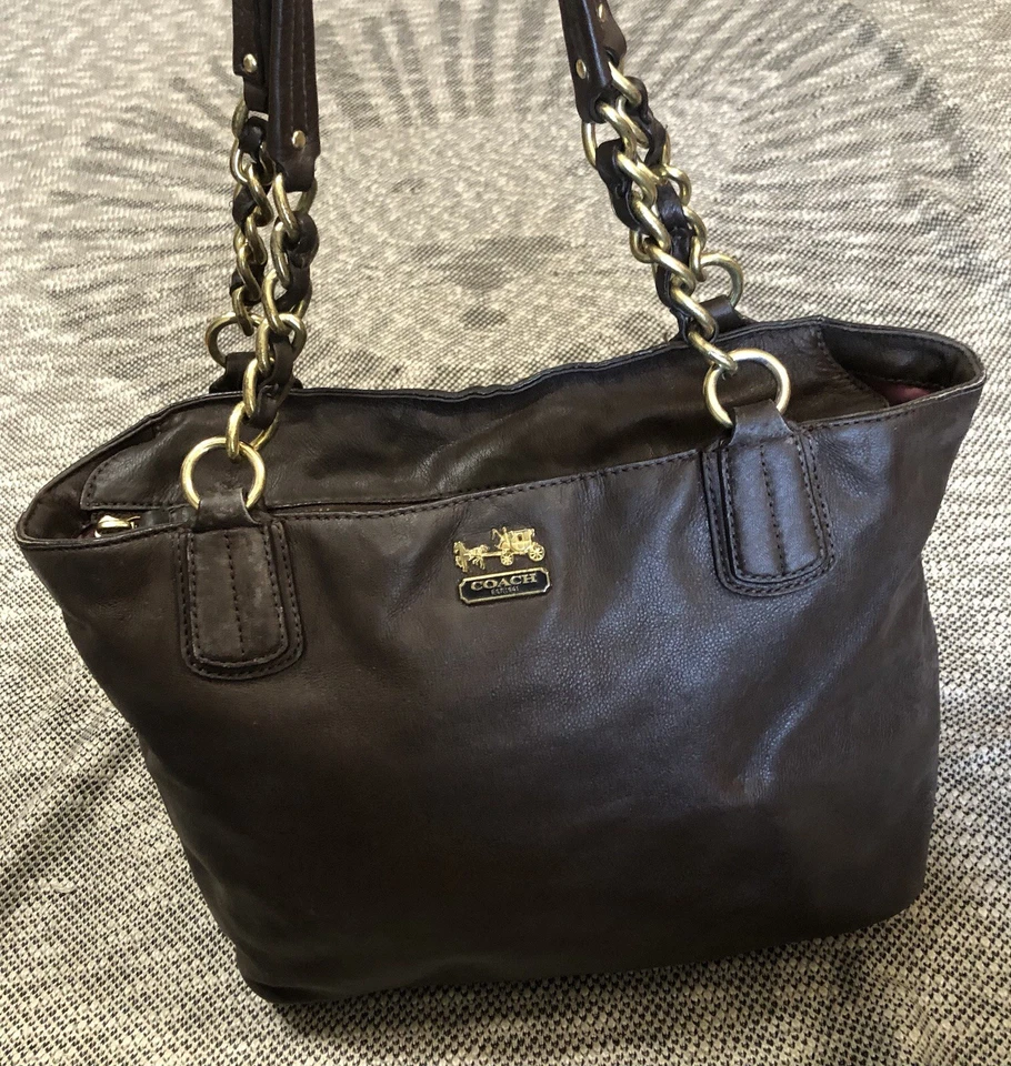 COACH MADISON 20466 Brown Leather Lux Chain Medium Shoulder Bag Tote Purse - Image 1 of 4