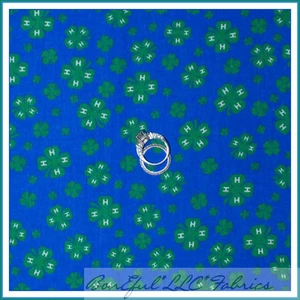 BonEful Fabric FQ Cotton Quilt Green Blue 4H Club Clover 4 Leaf Home School Farm - Picture 1 of 7