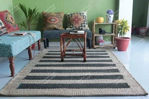 Handwoven Boho Décor Hemp Jute Rug, Beige and Black Stripes Home and Living Room - Picture 1 of 7