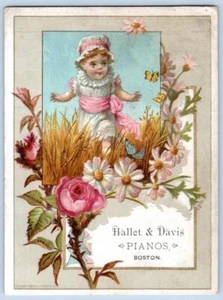 HALLET & DAVIS PIANOS*BOSTON*LITTLE GIRL*BUTTERFLIES*FLOWERS*1800's TRADE CARD - Picture 1 of 2