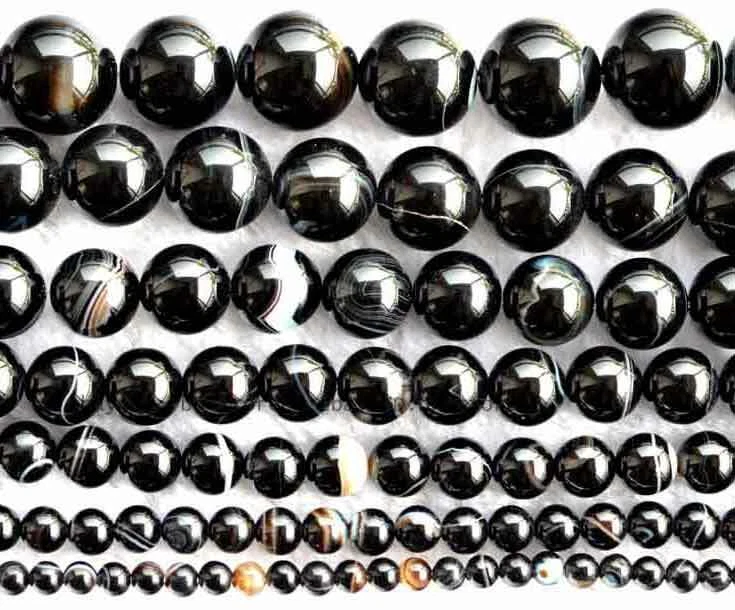 Contas redondas AAA de renda preta ônix ágata listra natural pedra preciosa 15"" faça você mesmo - Imagem 1 de 1