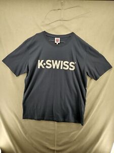 K-SWISS Mens XL X-Large Navy Blue Spellout T-shirt Crew Neck 100% Cotton