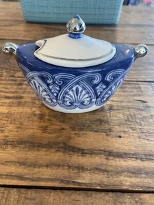 Bombay Blau/Weiß/Platin Porzellan Zuckerdose/Deckel Neu ohne Etikett - Bild 1 von 9