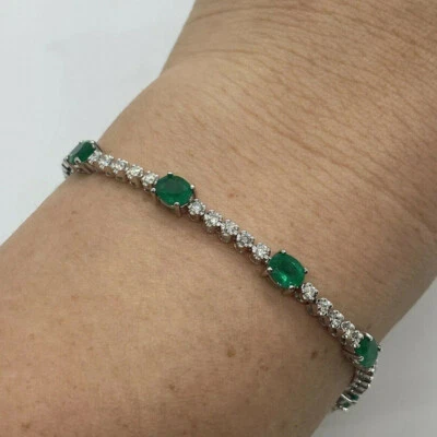 5Ct Oval Cut Green Emerald Diamond Women Tennis Bracelet 14K White Gold Over 7" - Image 1 of 3