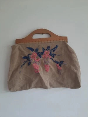 Antique 30s 40s Embroidered Needle Shopper Bag Basket Floral Design Vintage Wood - Image 1 of 4