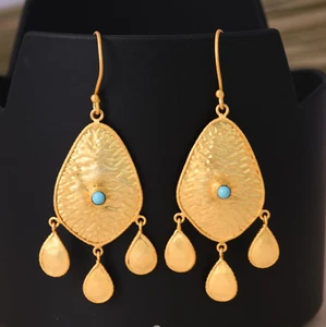 Handmade Traditional Gemstone 18k Yellow Gold Texture Dangle Turquoise Earring - Picture 1 of 10