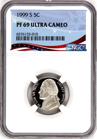 1999-S Proof Jefferson Nickel, Graded PF69UC NGC * OSR Sales Patriotic Label Cover