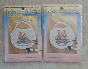 VTG (1991) Daisy Kingdom Bucilla Cross Stitch Bib Lot BOOK/WAGON Bunnies Baby - Picture 1 of 4