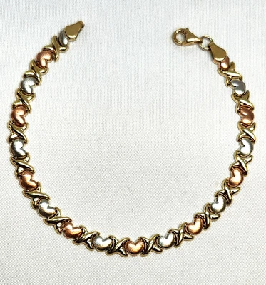 Gorgeous 10K Tri Tone Gold Hugs & Kisses Heart Link Stampato Bracelet - Image 1 of 4