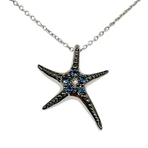 EFFY Starfish Pendant With Sapphire And Diamond Stones Necklace 18" Chain Silver - Picture 1 of 5
