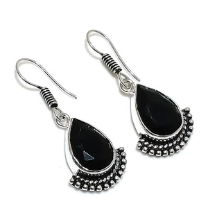 Black Spinel Gemstone Handmade 925 Sterling Silver Jewelry Earring Size 1.45" - Picture 1 of 1