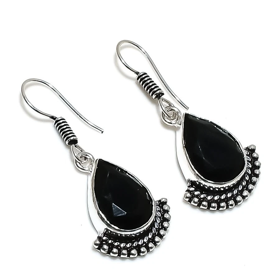 Black Spinel Gemstone Handmade 925 Sterling Silver Jewelry Earring Size 1.45" - Image 1 of 1