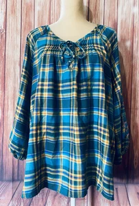 Women’s XL Peasant Blouse Pioneer Woman plaid 3/4 Floral Embroidered Sleeves - Picture 1 of 12
