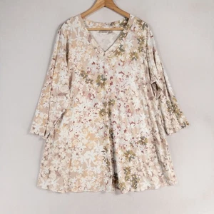 LOGO Lori Goldstein Tunic Top 2X Beige Floral Neutral Stretch Knit 3/4 Sleeve - Picture 1 of 9