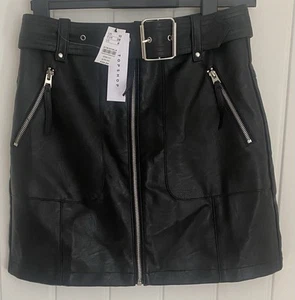 Topshop Women's Artificial Leather Belted Short Skirt Size 10 Black Zip Pockets - Picture 1 of 18