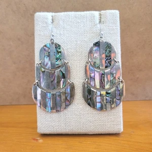 Abalone Shell Inlay Dangle Earrings Alpaca Silver Bohemian Tribal Fish Hook - Picture 1 of 6