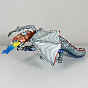 2007 Papo Silver Dragon Figure Bronze Armor Fire Breathing Blue Flame