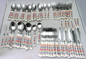 87 Piece Vintage Flatware Lot Plastic Handle Flower Pattern Stainless MCM Taiwan - Picture 1 of 6