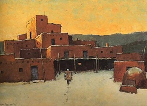ACEO Kunstkarte Wintermorgen im Taos Pueblo von Eric Sloane - Bild 1 von 1