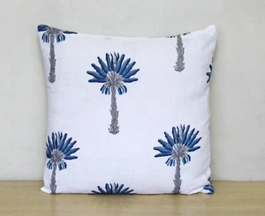 Indian Blue Palm Tree Printed Hand Block 16" Cushion Covers Pillows Case Covers - Picture 1 of 4