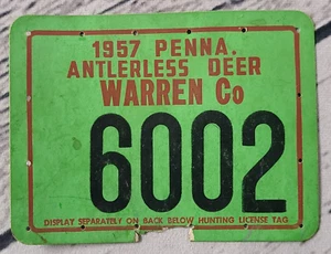 Etiqueta de caza de ciervo sin cuernos de Pennsylvania 1957 de colección Warren PA - Imagen 1 de 2