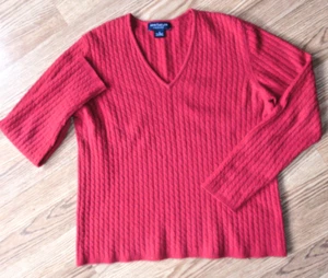 Ann Taylor Red Cable Knit V-neck 2-Ply Cashmere Pullover Sweater sz Small - Picture 1 of 5