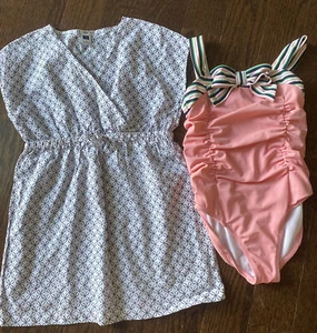 Janie and Jack Girls 5 6 Swimsuit and Cover-Up Set Pink Navy Green White - Picture 1 of 9