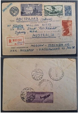 1947 Soviet Union 30K Stamped Cover ties 5 stamps cd Moscow-Sydney - Image 1 of 3