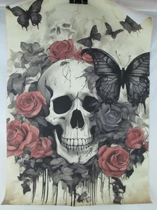 Impresión artística de calavera/mariposas/rosas sobre lienzo de vinilo sin marco 24"x 16" - Imagen 1 de 5
