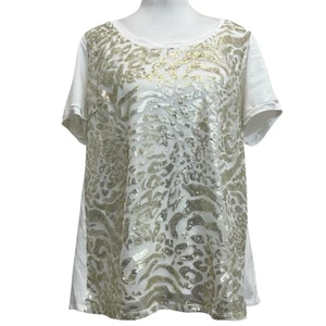  Bob Mackie weiß & gold Pailletten Mesh Panel Kurzarm Wearable Art Shirt Gr. M - Bild 1 von 10