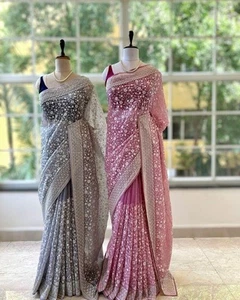 Bollywood Conjunto Boda Noche Fiesta Ropa Tradicional Sari Blusa Vestido Envolvente - Imagen 1 de 16